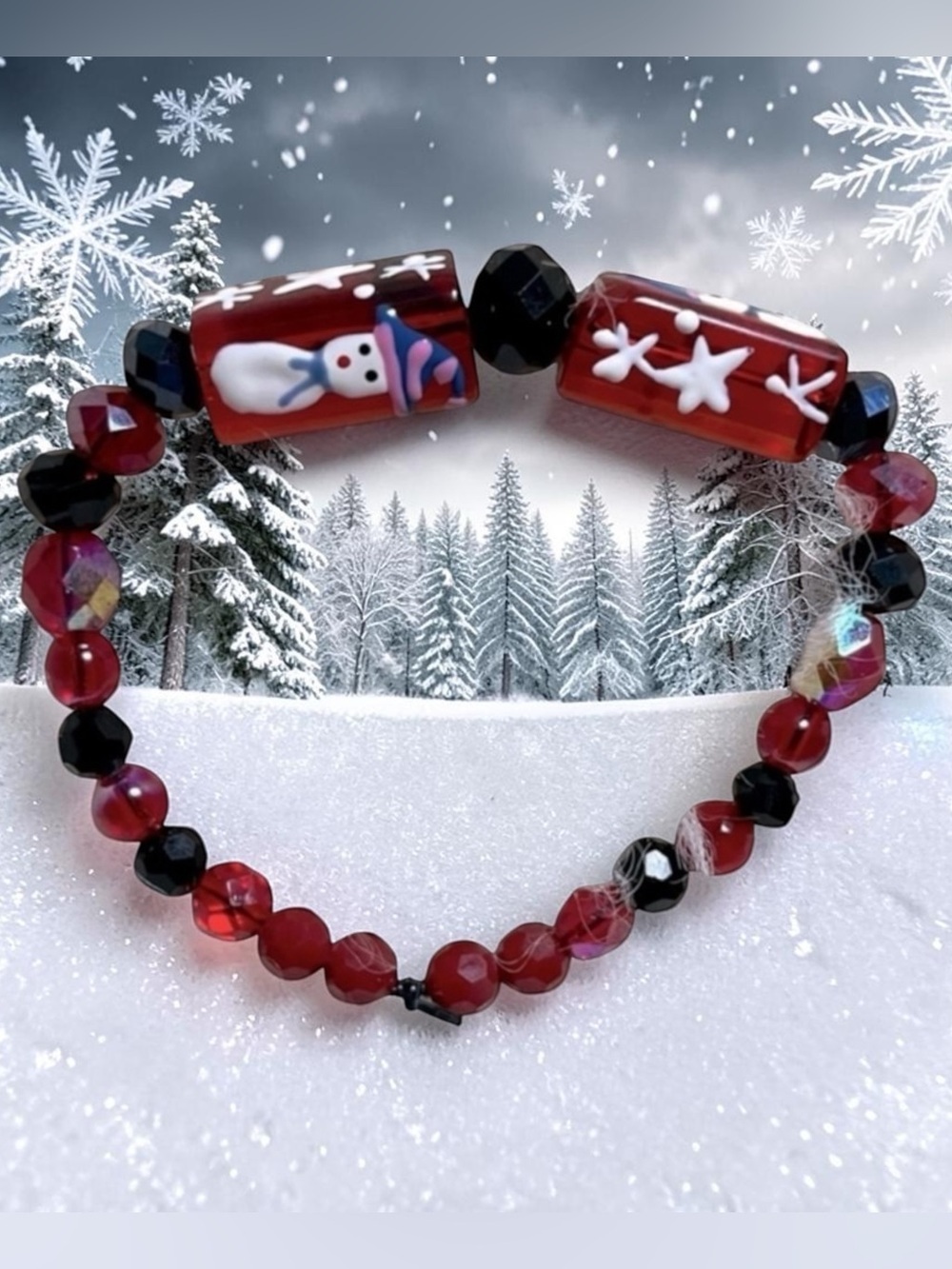 🎄 Handmade Beaded Christmas Snowman Red/ Black Stretch Bracelet